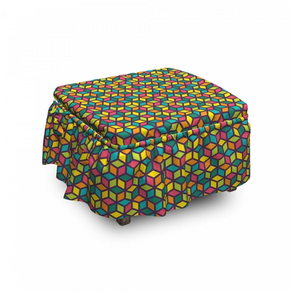 Geometric Ottoman Cover, Colorful Cubes Repetition, 2 Piece Slipcover Set with Ruffle Skirt for Square Round Cube Footstool Decorative Home Accent, Standard Size, Multicolor, by Ambesonne