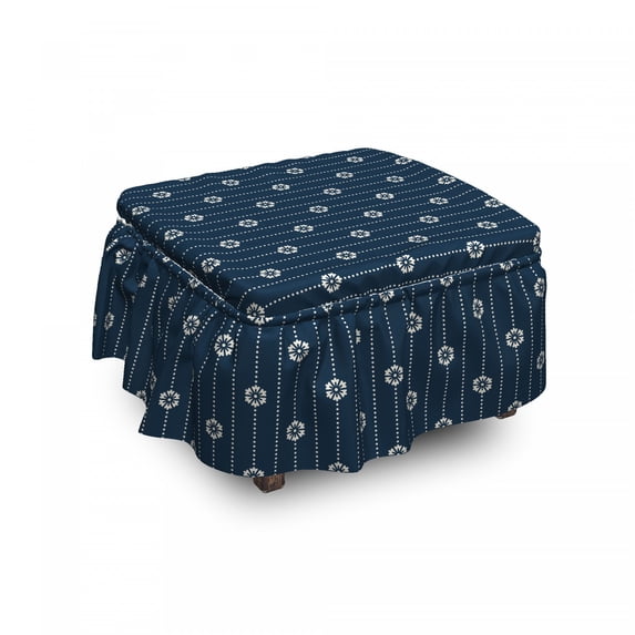 Geometric Ottoman Cover, Spring Blossoming Floral, 2 Piece Slipcover Set with Ruffle Skirt for Square Round Cube Footstool Decorative Home Accent, Standard Size, Dark Blue Cream, by Ambesonne