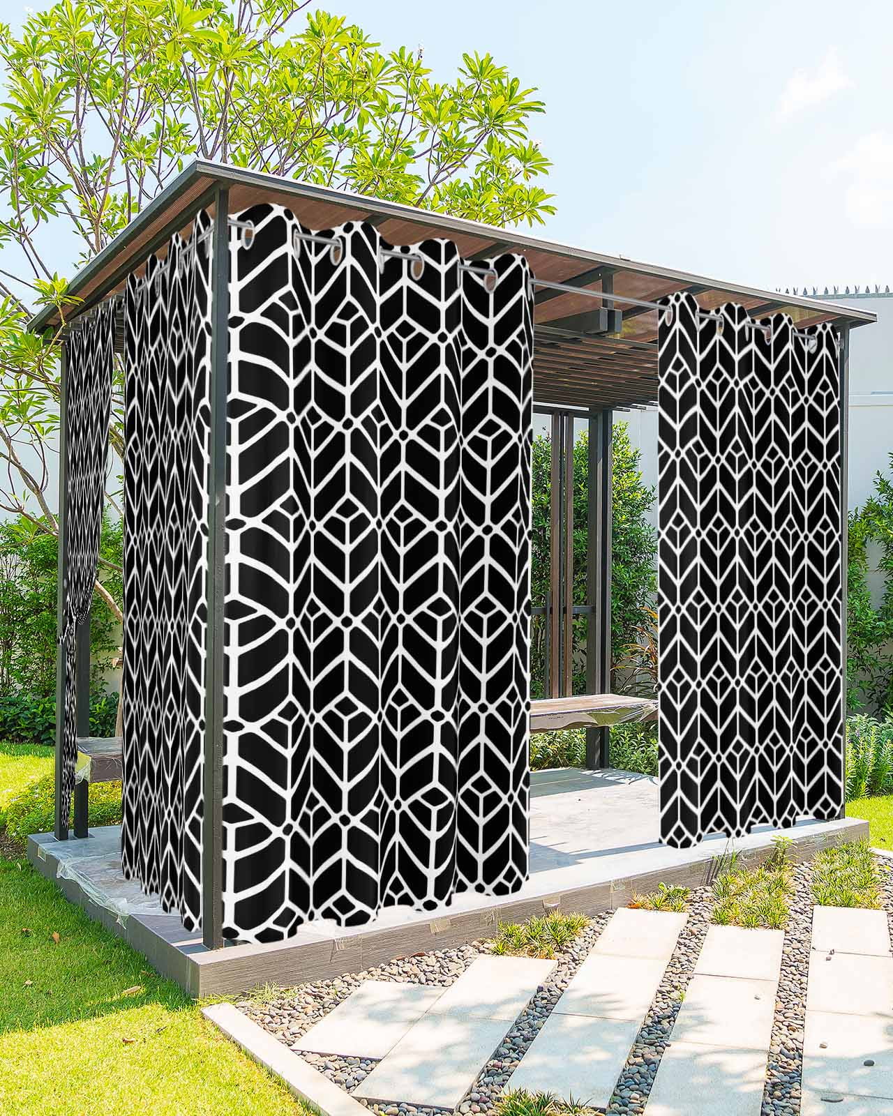 Geometric Outdoor Curtains for Patio, Modern Abstract Lines Texture Black Privacy Drapes Grommet Waterproof Outside Curtains for Porch/Cabana/Balcony 54"x 108", 1 Panel