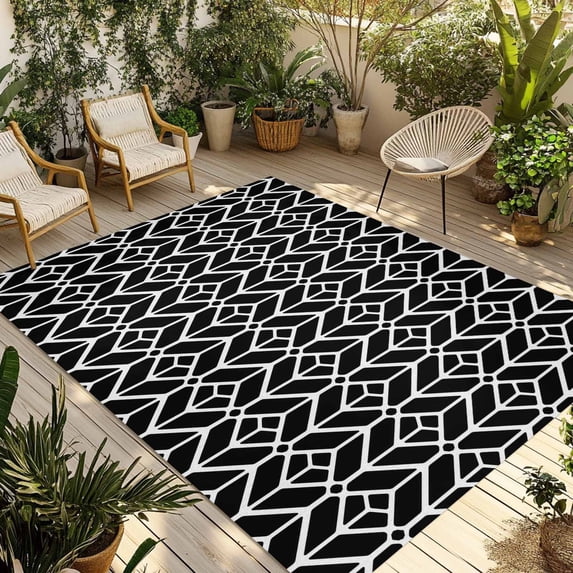 Geometric Outdoor Rug 6x9 Ft - Reversible Patio Rug Outdoor Camping Rugs, Modern Abstract Lines Texture Black Washable Indoor Outdoor Area Rugs, Non-Slip Outdoor Carpet Runner for Deck/Porch