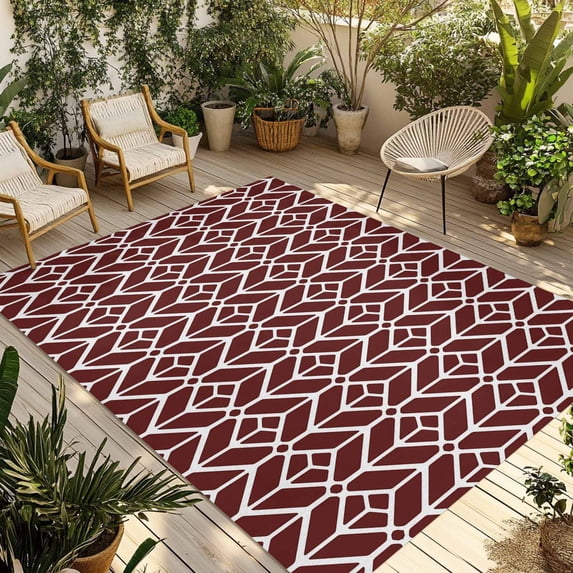 Geometric Outdoor Rug for Patio/Deck/Porch, Non-Slip Large Area Rug 4 x 6 Ft, Modern Abstract Lines Texture Red Indoor Outdoor Rugs Washable Area Rugs, Reversible Camping Rug Carpet Runner
