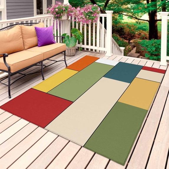 Geometric Outdoor Rug for Patio/Deck/Porch, Non-Slip Large Area Rug 5 x 7 Ft, Modern Abstract Art Boho Color Block Indoor Outdoor Rugs Washable Area Rugs, Reversible Camping Rug Carpet Runner