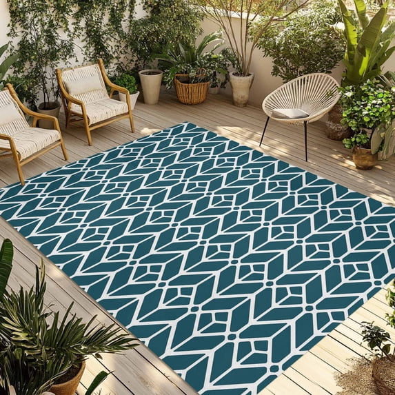 Geometric Outdoor Rug for Patio/Deck/Porch, Non-Slip Large Area Rug 5 x 7 Ft, Modern Abstract Lines Texture Teal Indoor Outdoor Rugs Washable Area Rugs, Reversible Camping Rug Carpet Runner
