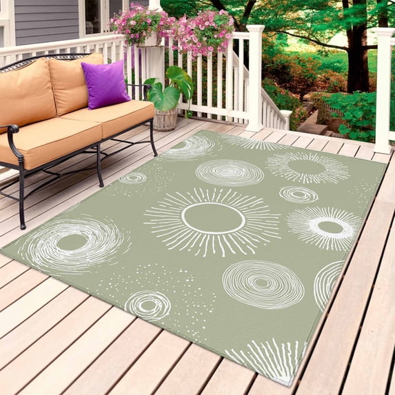 Geometric Outdoor Rug for Patio/Deck/Porch, Non-Slip Large Area Rug 6 x 9 Ft, Abstract Sage Green White Boho Circle Dot Indoor Outdoor Rugs Washable Area Rugs, Reversible Camping Rug Carpet Runner