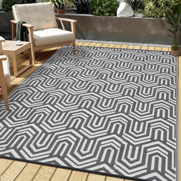 Geometric Outdoor Rug Patio Waterproof, Modern Neutral Outdoor Plastic Straw Rug with Portable Bag, Camping Rugs for Outside Your RV, Reversible Mats for Backyard,