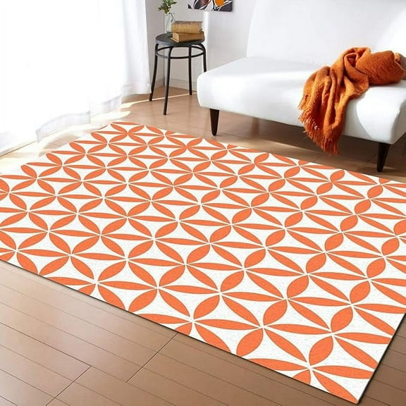 Geometric Oval Pattern Indoor Area Rug, Floral Orange And White Modern Non-Slip Kids Rugs, Upholstery Rug With Non-Slip Backing For Kids Boys Girls Bedroom Living Room Dining Room Study 4 x 5ft