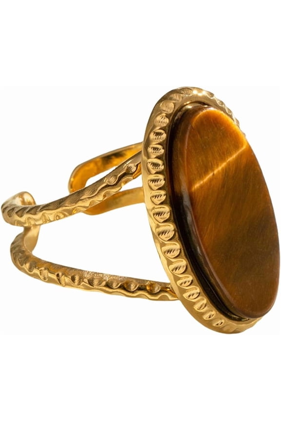 Geometric Oval Statement Ring for Women Gold-Toned Titanium Steel Retro Stone Adjustable Open Band Wrap Finger Rings Comfirm Fit Boho Vintage Wedding Engagement Jewelry