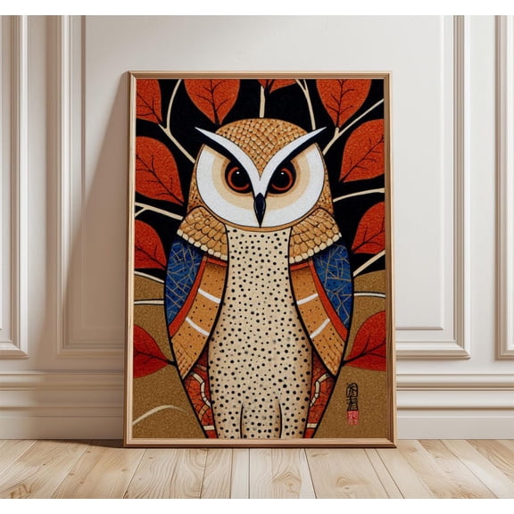 Geometric Owl Art Modern Tribal Illustration Boho Rustic Home Decor, Unframed Canvas