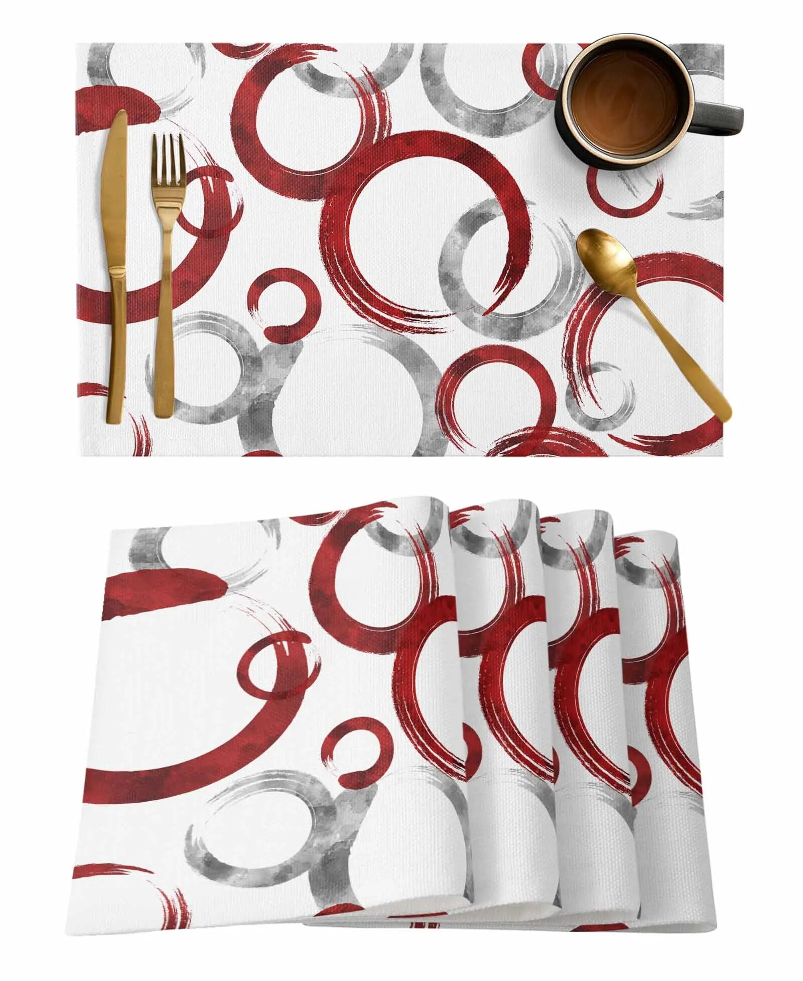 Geometric Paint Brush Circles Red Gray Kitchen Dining Table Decor