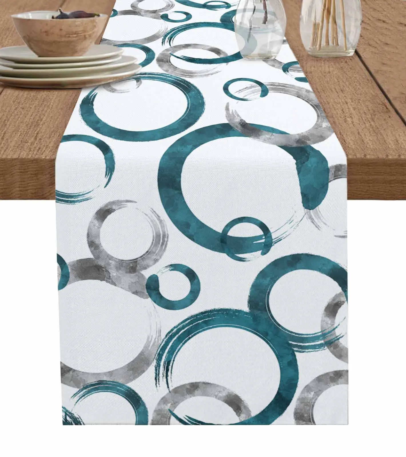 Geometric Paint Circles Blue Gray Table Runner Wedding r Table Runner