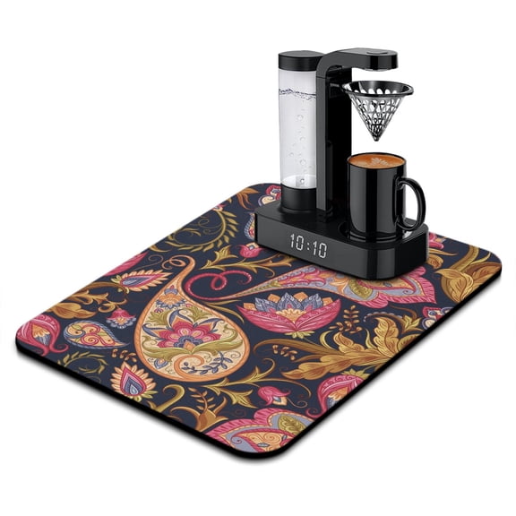 Geometric Paisley Design Dish Drying Mat, Artistic Mandala Inspired Absorbent Coffee Bar Mat, Exotic Vibrant Kitchen Counter Protector