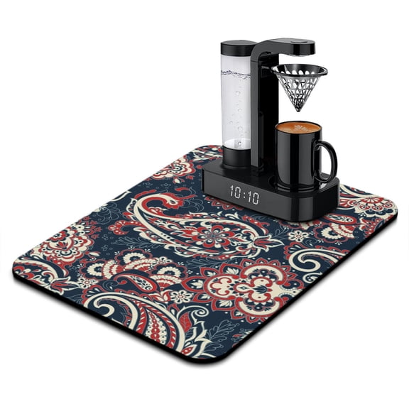 Geometric Paisley Design Dish Drying Mat, Artistic Mandala Inspired Absorbent Coffee Bar Mat, Exotic Vibrant Kitchen Counter Protector