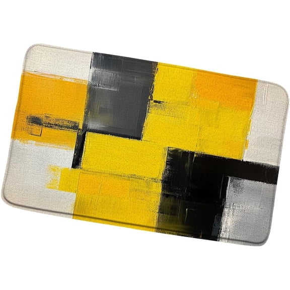 Geometric Patchwork Bath Mat Burnt Yellow And Gray Abstract Brushstrokes Modern Boho Farmhouse Bathroom Rug Doormat 16x24 Inch