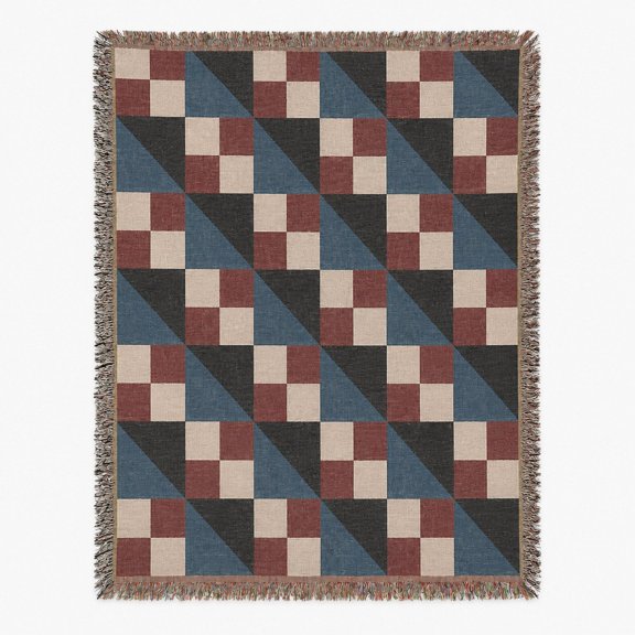 Geometric Patchwork Blue, Burgundy, Black and Cream Woven Throw Blanket, 100% Cotton, Modern Home Decor
