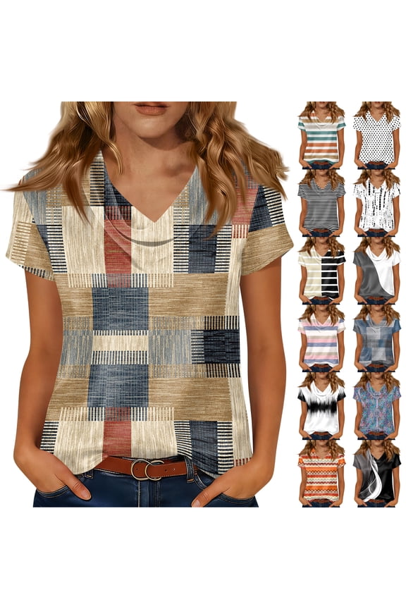 Geometric Patchwork Cowl Neck Top for Women, Short Sleeve Draped Front Tunic Shirt - Lightweight Casual Summer Tee with Unique Print Multicolor XXL