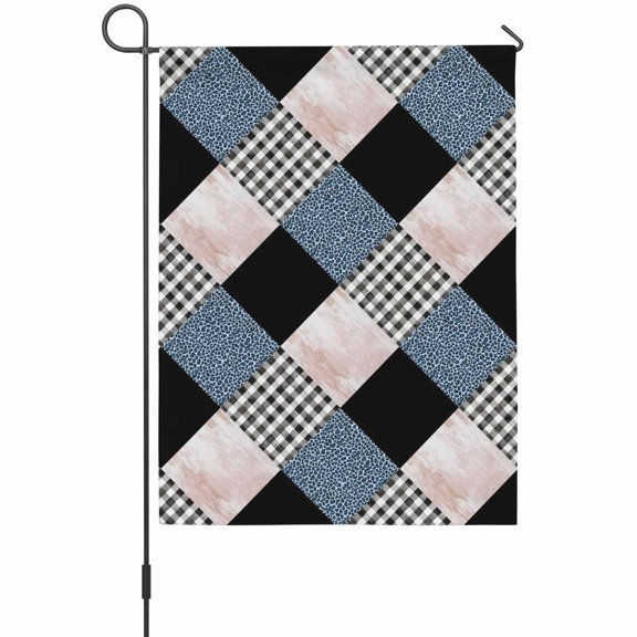 Geometric Patchwork Garden Flag 12 x 18 Inches, Blue Leopard Buffalo Plaid Pink Marble Weather Proof Outdoor Patio Flags Double Sided Small Garden Decoration for Yard Outside Home