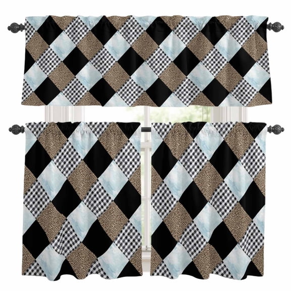Geometric Patchwork Kitchen Curtains Valances and Tiers Set of 3 Leopard Black Buffalo Plaid Blue Marble Tier Curtains and Valance with Rod Pocket for Small Windows, 27.5"x24"