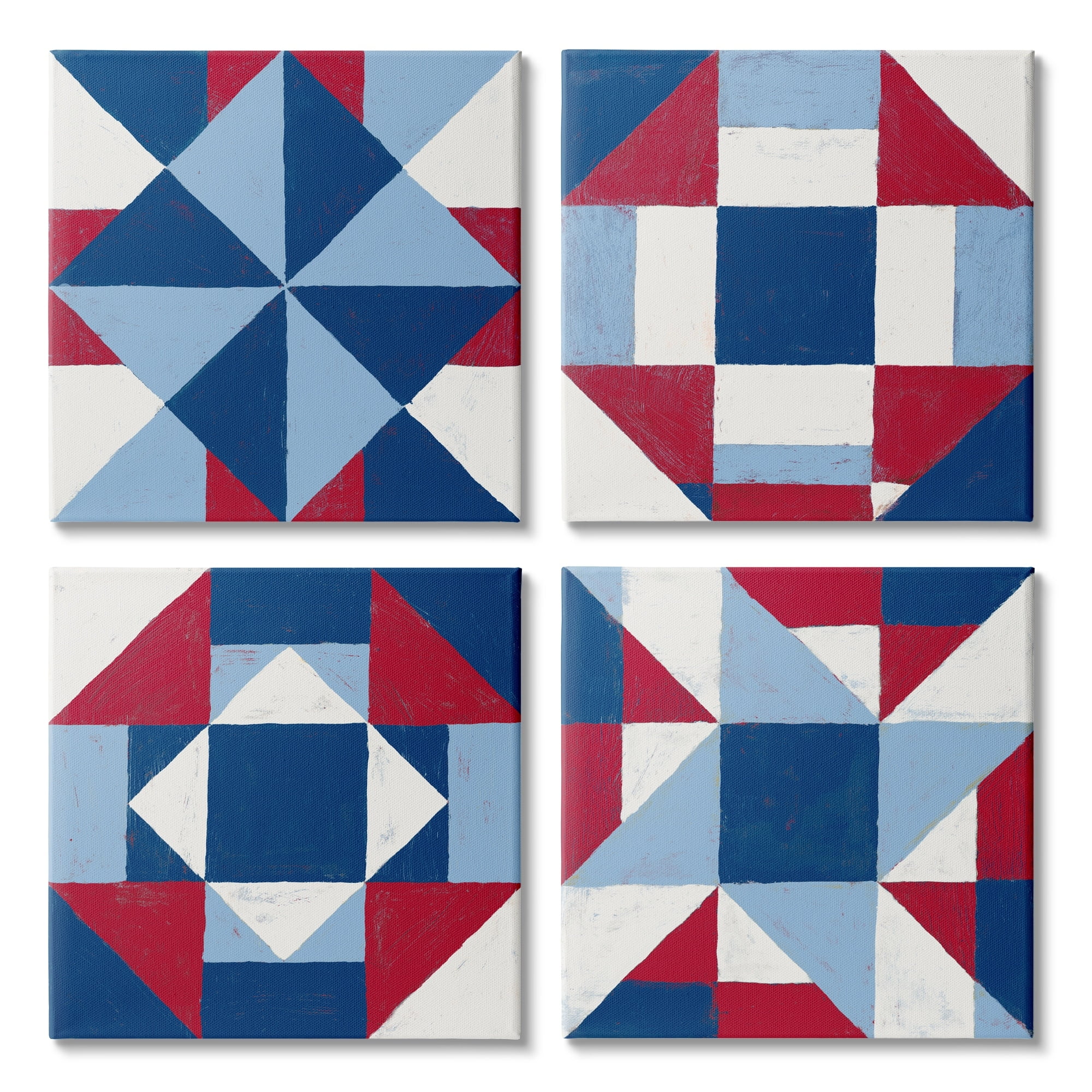 Geometric Patchwork Quilt Pattern Red White Blue Art for Kids Gallery-Wrapped Canvas Print Wall Art, Set of 4, 17x17