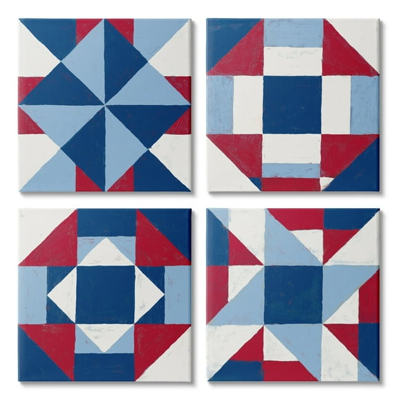 Geometric Patchwork Quilt Pattern Red White Blue Art for Kids Gallery-Wrapped Canvas Print Wall Art, Set of 4, 17x17