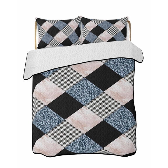 Geometric Patchwork Quilts Bedding Set Twin Size Blue Leopard Buffalo Plaid Pink Marble Lightweight Quilted Bedspread 3 Piece Bed Quilt with 2 Pillow Shams All Season for Bedroom 68" x 86"