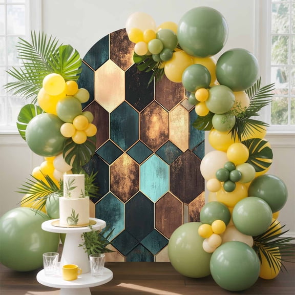 Geometric Pattern Arch Backdrop Cover, 7.2FT, Brown Green Hexagon Collage Art Spandex Arch Covers Double-Sided Backdrop for Wedding Birthday Party Photo Background Decoration