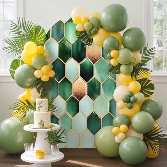 Geometric Pattern Arch Backdrop Cover, 7.2FT, Green Brown Hexagon Collage Art Spandex Arch Covers Double-Sided Backdrop for Wedding Birthday Party Photo Background Decoration