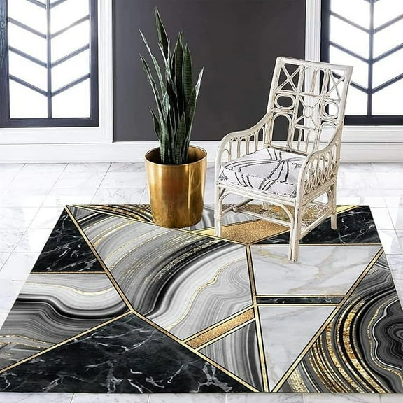Geometric Pattern Area Rug Black Gold Marble Swirl Abstract Modern Rug For Living Room Bedroom Washable Soft Carpet Under Dining Table Art Decor Home Office Floor Mat Runner 3 x 4ft