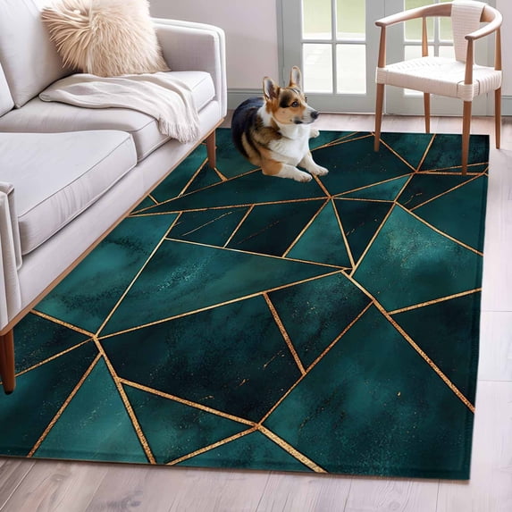 Geometric Pattern Area Rugs 3x5 ft Dark Green Triangle Collage Art Washable Rug Non Slip Indoor Carpet Absorbent Floor Mat for Living Room Bedroom Dining Room