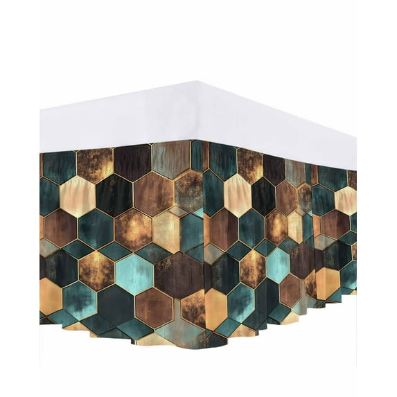 Geometric Pattern Bed Skirt Queen Size 18" Drop Brown Green Hexagon Collage Art Ruffled Wrap Around Bed Skirts Adjustable Elastic Bedskirt Dust Ruffle for Queen Size Bed