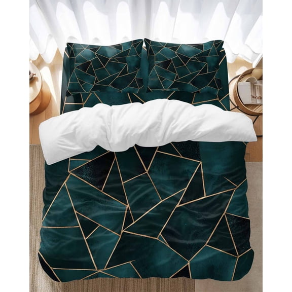 Geometric Pattern Bedding Duvet Cover Set King Size 4 Pieces Dark Green Triangle Collage Bedding Set with Zipper Closure, 1 Comforter Cover 92x106 Inches 1 Flat Sheet & 2 Pillow Cases