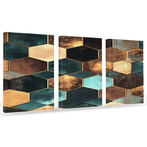 Geometric Pattern Canvas Wall Art 3 Panels, Brown Green Hexagon Collage Art Framed Wall Decor Modern Artwork Prints Painting for Living Room, Bedroom, Kitchen & Cafe Decor 20" x 24"