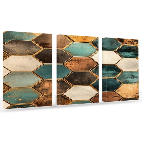 Geometric Pattern Canvas Wall Art 3 Panels, Colorful Hexagon Collage Art Framed Wall Decor Modern Artwork Prints Painting for Living Room, Bedroom, Kitchen & Cafe Decor 20" x 24"