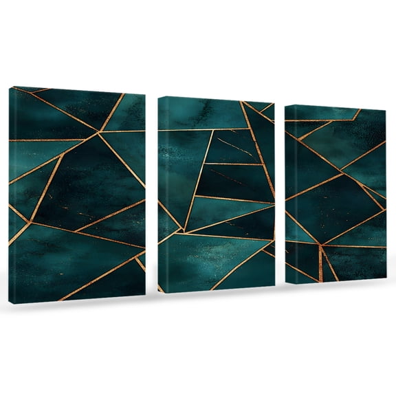 Geometric Pattern Canvas Wall Art 3 Panels, Dark Green Triangle Collage Art Framed Wall Decor Modern Artwork Prints Painting for Living Room, Bedroom, Kitchen & Cafe Decor 12" x 16"
