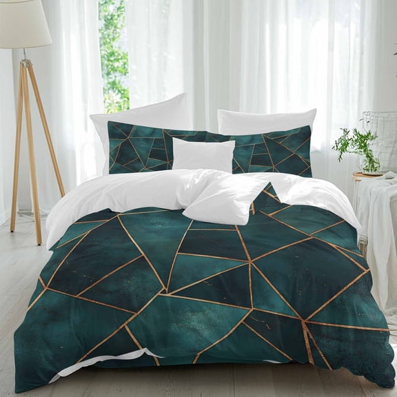 Geometric Pattern Comforter Set California King Size, Dark Green Triangle Collage Art Soft Bedding Set for Man Woman, 4 Pieces Duvet Cover Set with Flat Sheet, 2 Pillowcases