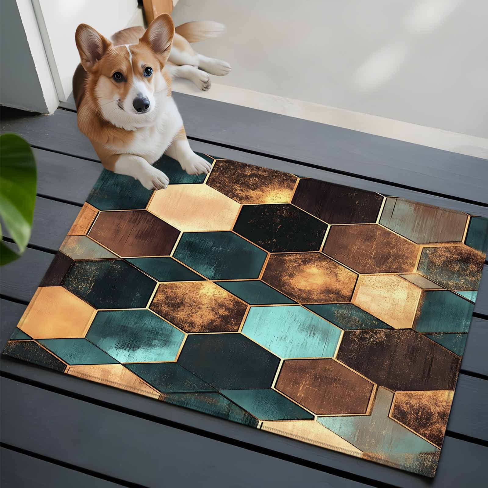 Geometric Pattern Front Door Rugs 2x3 ft Brown Green Hexagon Collage ...