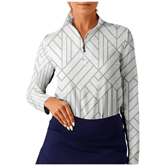 Geometric Pattern Long Sleeve Shirts Women's Half Zip Stand Collar Tops Casual Golf Shirt