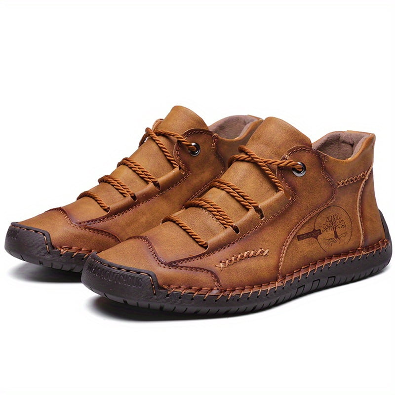 Geometric Pattern Men's Hand-Stitched Casual Shoes | [Hand-Stitched Casual Shoes] All-Season Non-Slip Rubber Sole & Upper - Lace-Up Outdoor Walking Shoes for Hiking, Urban Adventures,