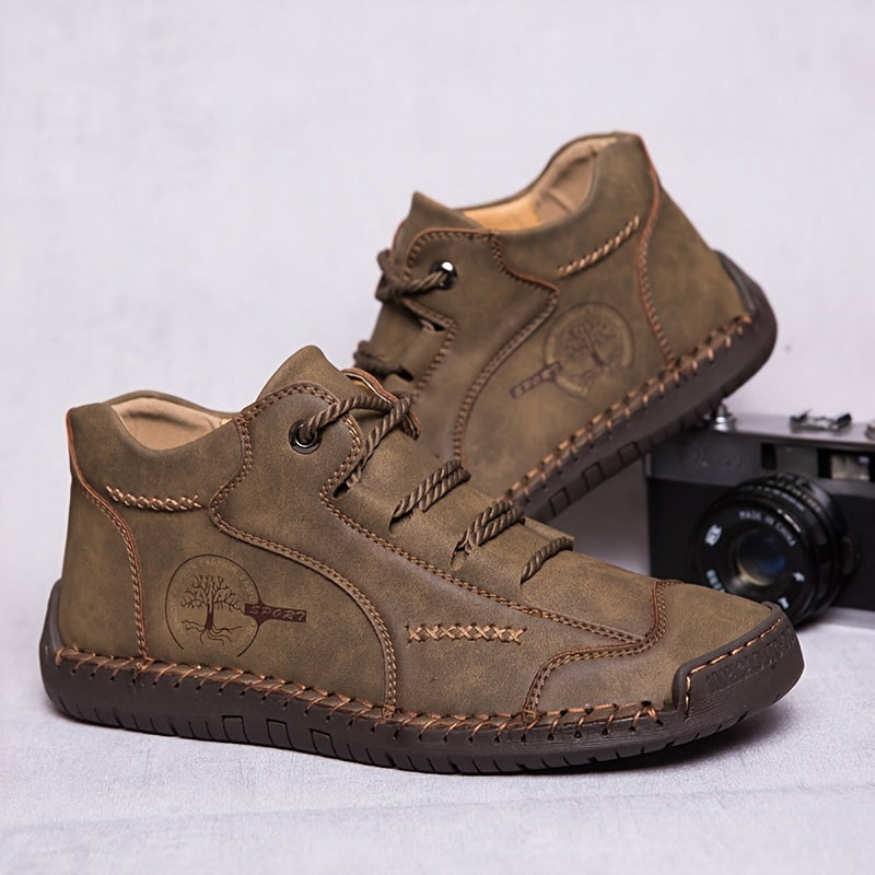 Geometric Pattern Men's Hand-Stitched Casual Shoes | [Hand-Stitched Casual Shoes] All-Season Non-Slip Rubber Sole & Upper - Lace-Up Outdoor Walking Shoes for Hiking, Urban Adventures,