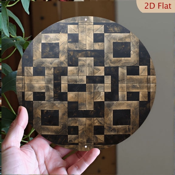 Geometric Pattern Round Metal Wall Art, 8x8 Inch Abstract Interlocking Wood Grain Design Aluminum Decorative Plaque for Modern Home Office Decor