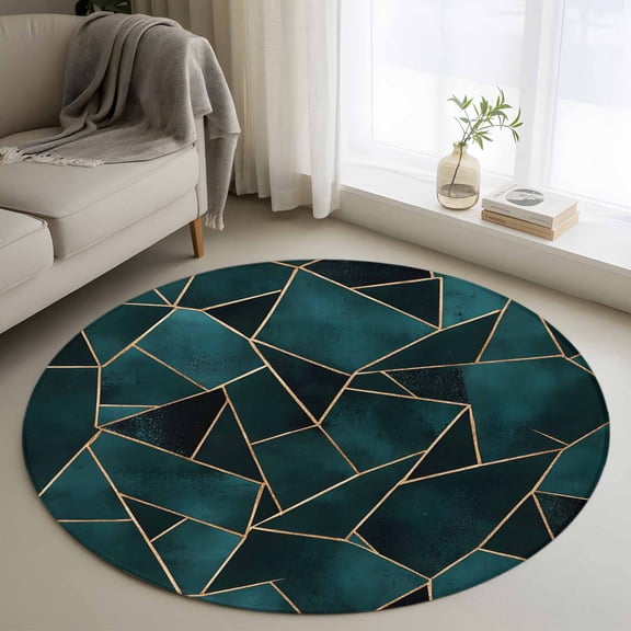 Geometric Pattern Round Rugs for Living Room 3ft Dark Green Triangle Collage Non Slip Circle Rug Washable Low-Profile Indoor Carpet for Bedroom, Dining Room, Bathroom