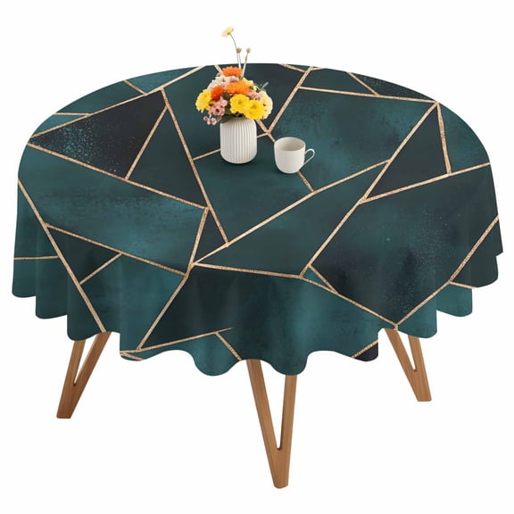 Geometric Pattern Round Tablecloth 54 inches Dark Green Triangle Collage Waterproof Oil-Proof Table Cloth Round Table Cover for Holiday Party Picnic Dinner Decor Indoor and Outdoor Use