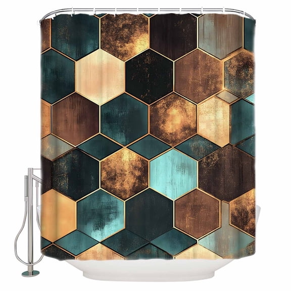 Geometric Pattern Shower Curtain, 36" x 72", Brown Green Hexagon Collage Art Waterproof Bathroom Curtain Washable Shower Curtain Set with 12 Hooks