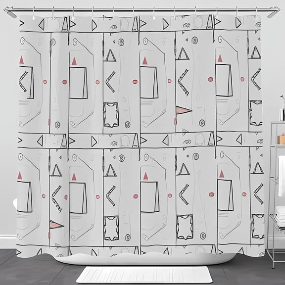 Geometric Pattern Shower Curtain - Modern Triangles Rectangles & Circles Design with Red Accents on Light Gray Background - Stylish Bathroom Decor