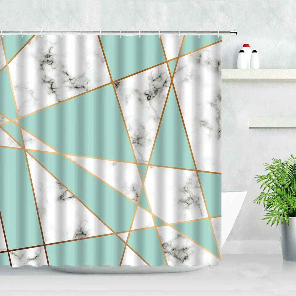 Geometric Pattern Shower Curtains White Marble Golden Stripe Nordic