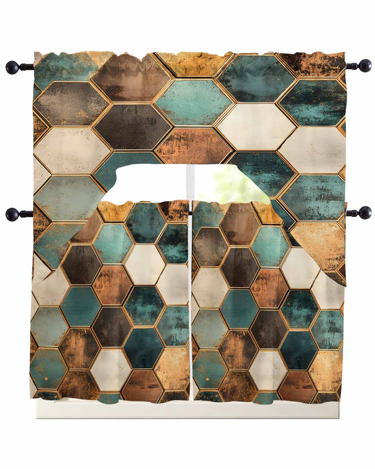 Swag Pattern Geometric Pattern Swag Valance and Tier Curtains Set Colorful Hexagon ...