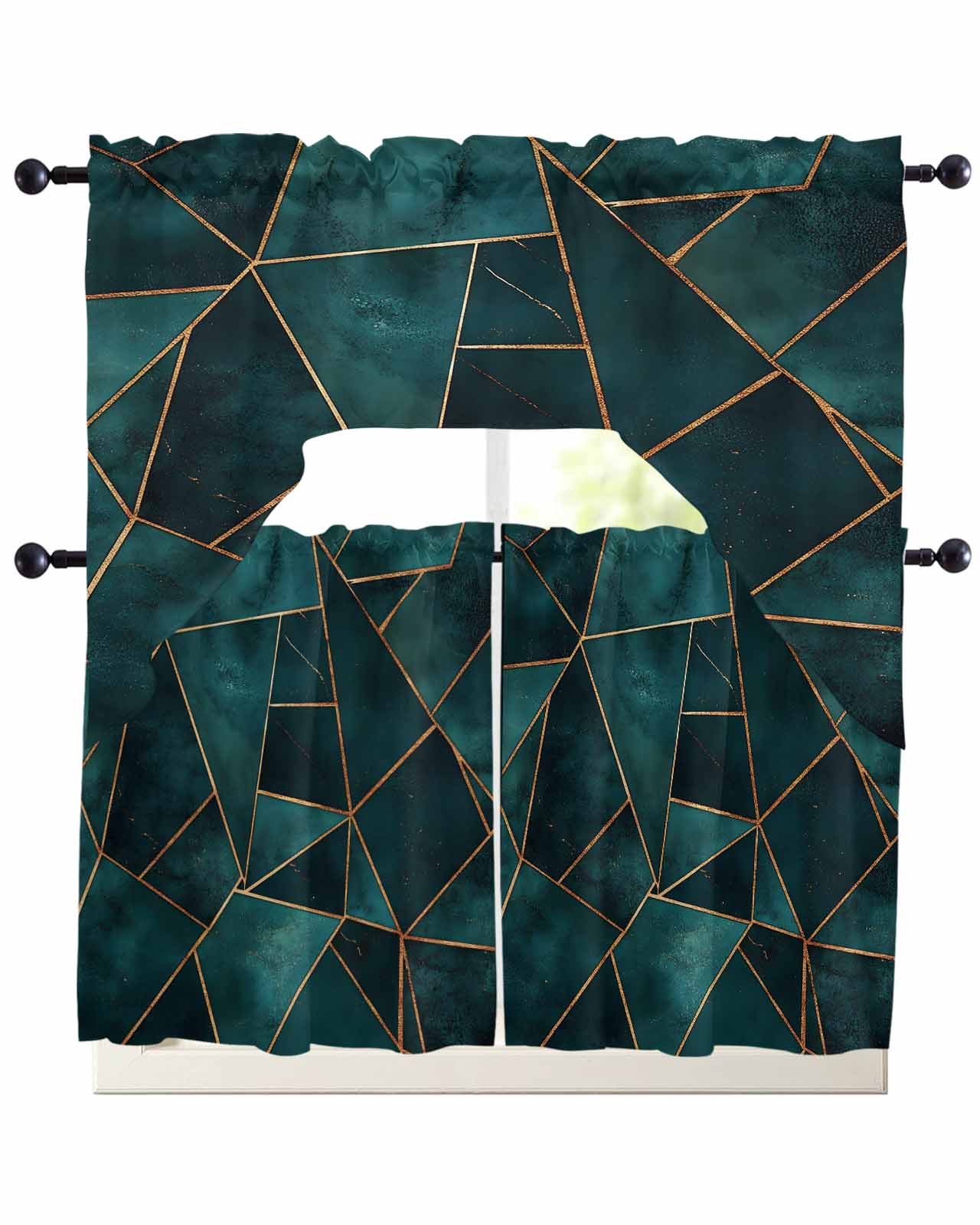 Swag Pattern Geometric Pattern Swag Valance and Tier Curtains Set Dark Green ...