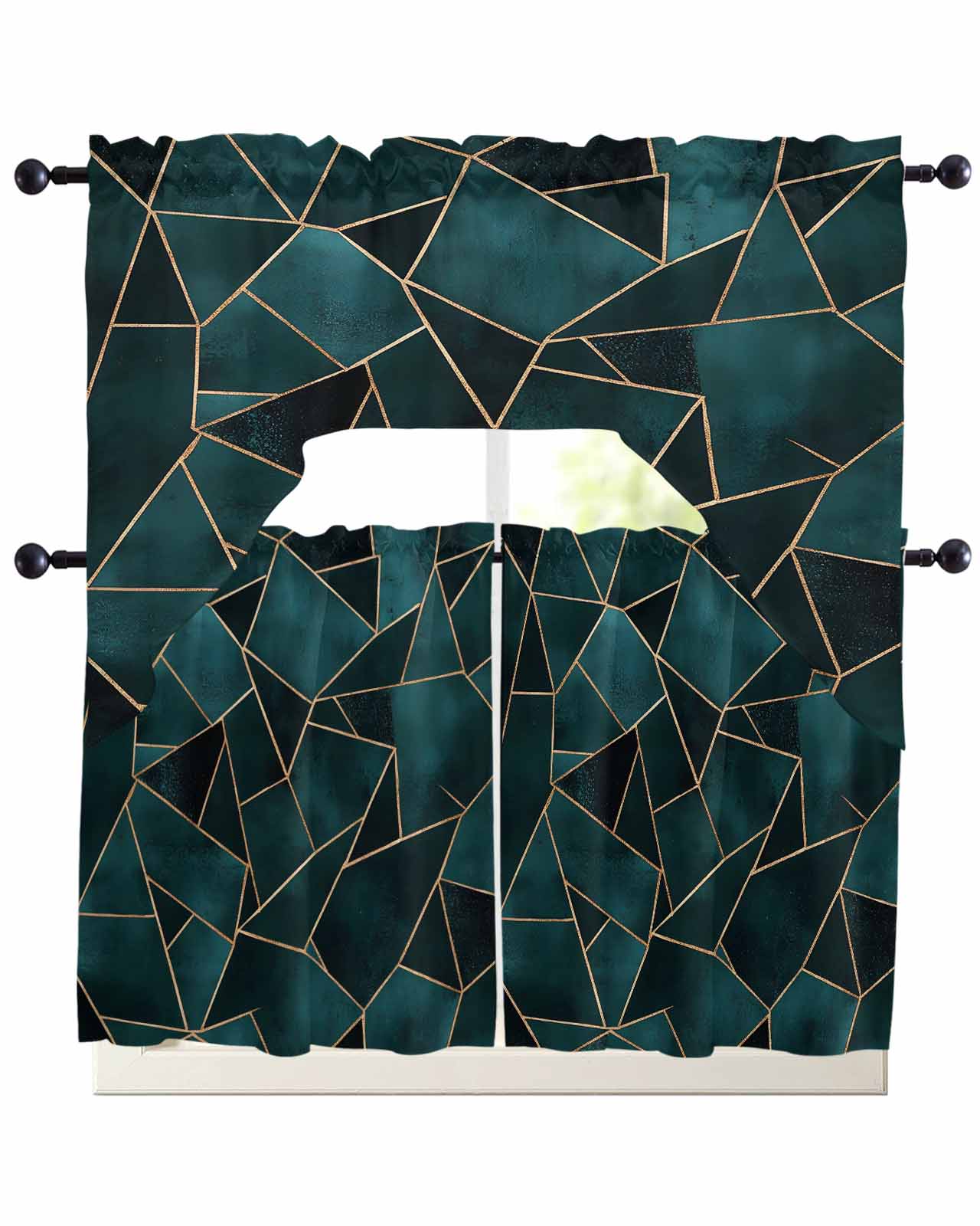 Swag Pattern Geometric Pattern Swag Valance and Tier Curtains Set Dark Green ...