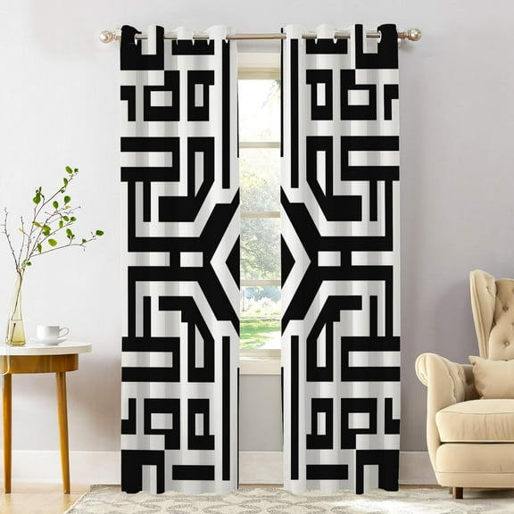 Geometric Pattern Symmetry Blackout Window Curtains, Black and White Maze Design Thermal Insulated Curtains Grommet Top Window Drapes for Living Room, Bedroom 26"W x 45"L (Pack of 2)