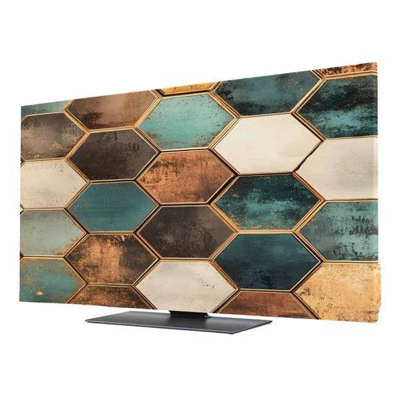 Geometric Pattern TV Dust Cover 24 Inch, Colorful Hexagon Collage Art Computer Monitor Cover Dustproof Stretchable Indoor TV Screen Protector for LED LCD Universal Monitors