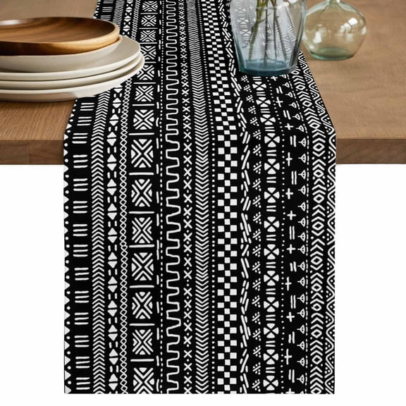 Geometric Pattern Table Runner, Abstract Africa Traditional Ethnicity Style Cotton Linen Kitchen Table Decoration Washable Dining Tabletop Runners for Home Party Decor 13x60 Inches